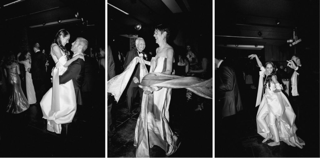 Black and white flash shot of chic couple at wedding