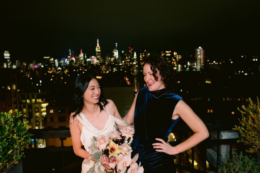 Nighttime rooftop portraits for wedding in New York City