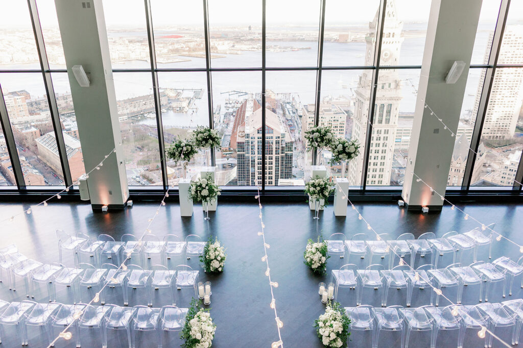 Birds-eye view of a winter wedding ceremony at the State Room in Boston.