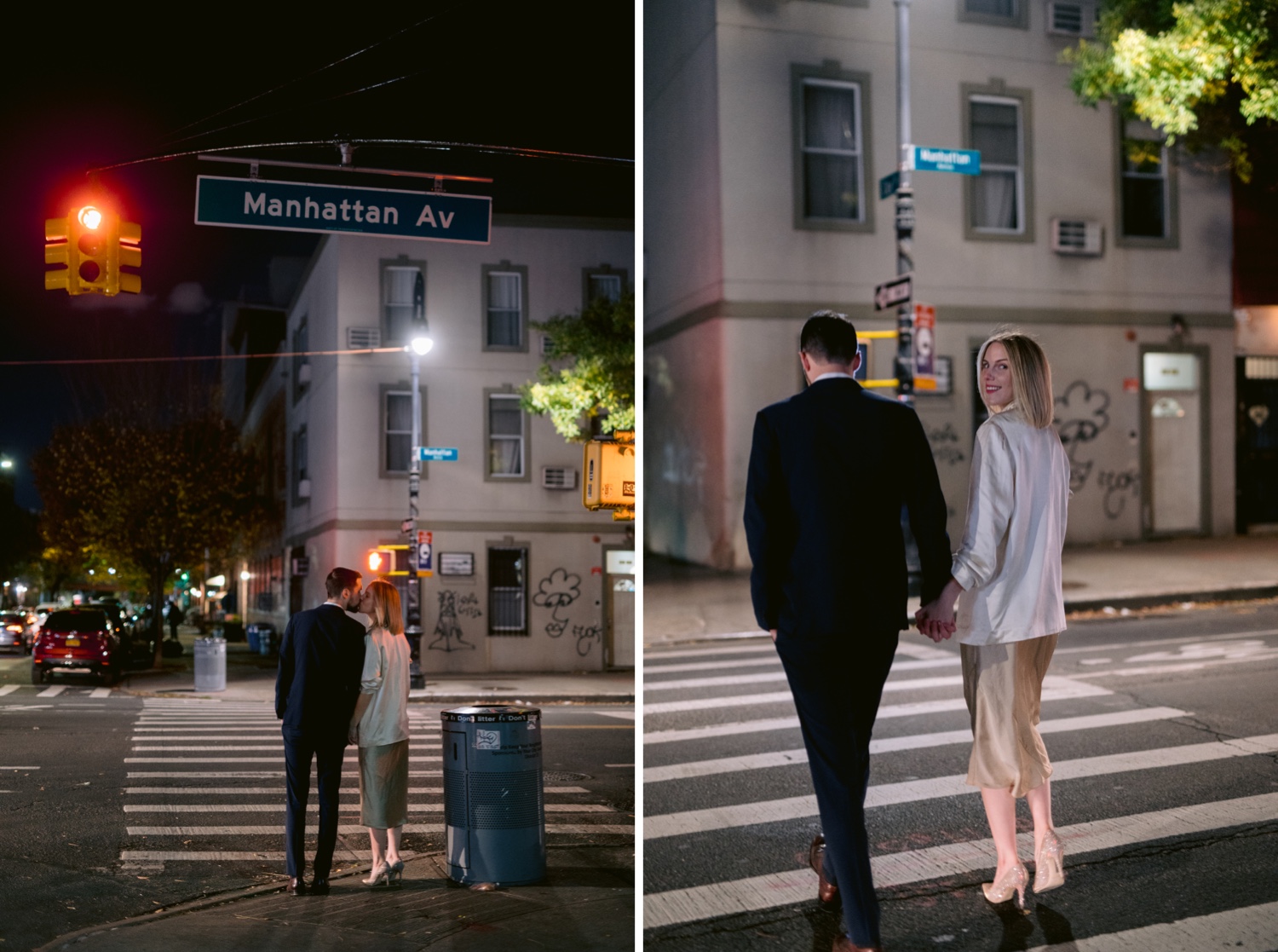 Nighttime portraits of a couple in Greenpoint, Brooklyn