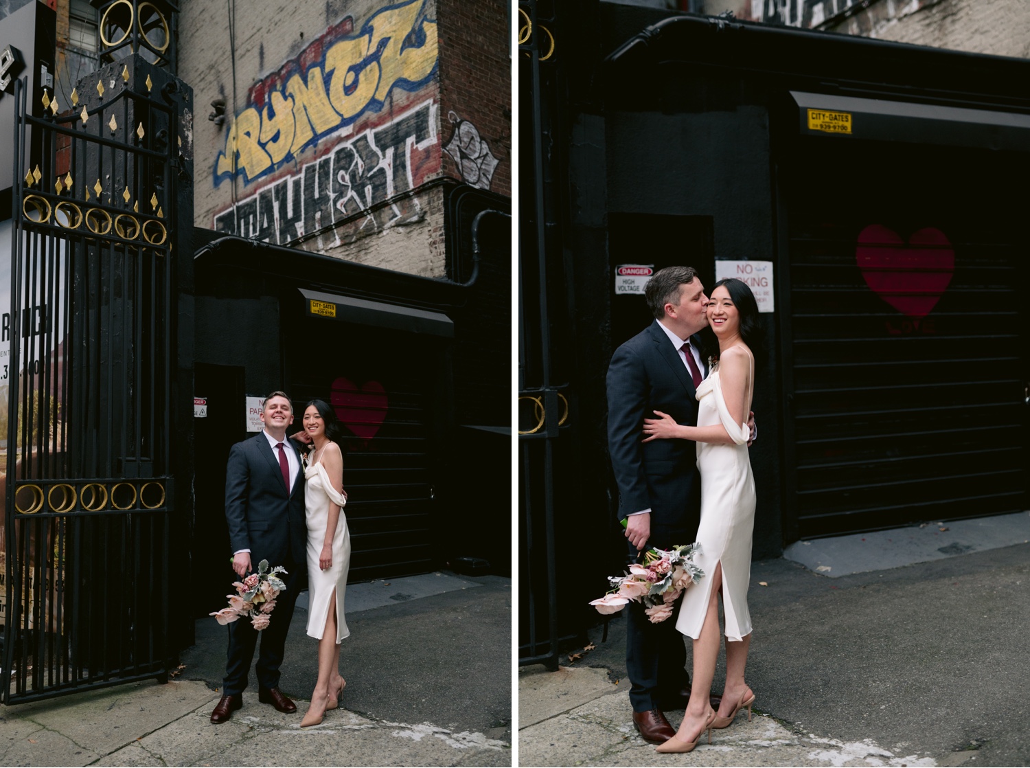 Stylish couple walking streets of NYC during wedding photos