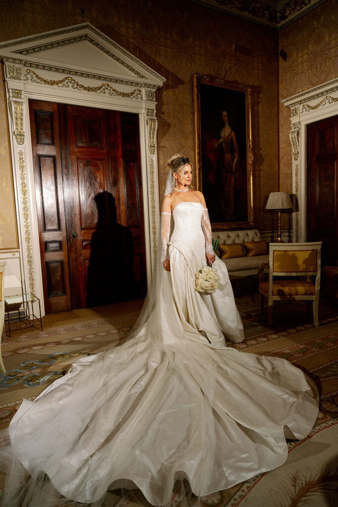 Bride portrait wearing a custom Abel Honor New York ballroom wedding gown.