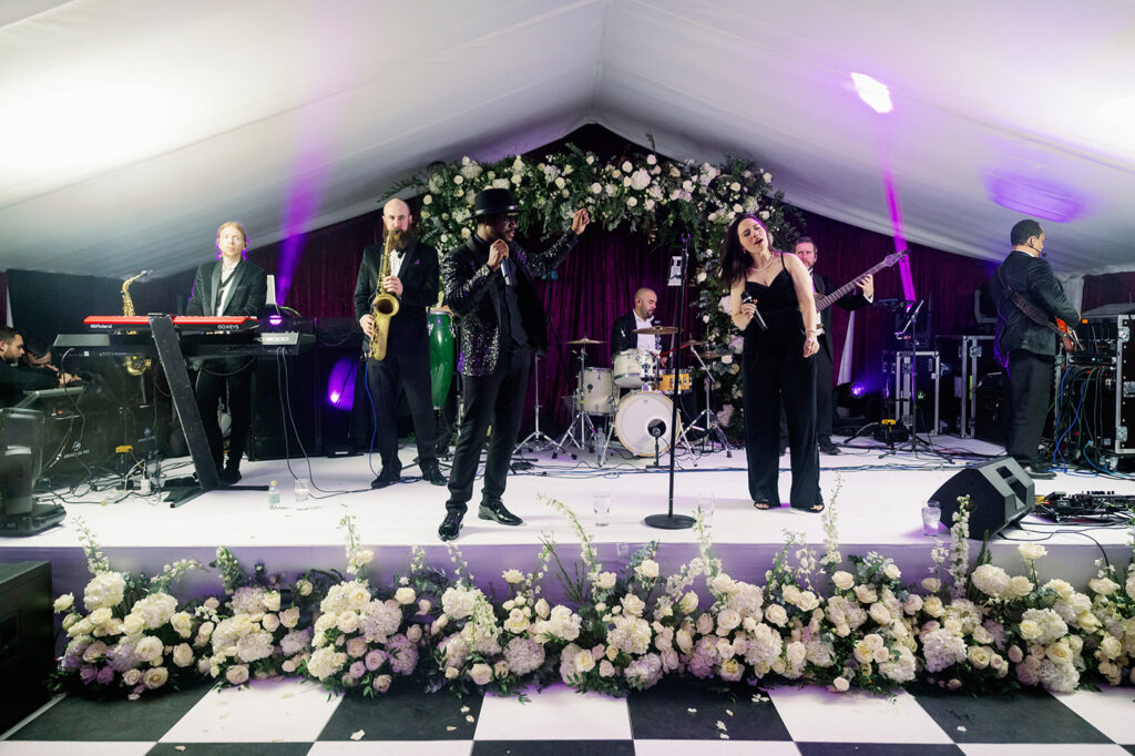 Band playing at a luxury tent wedding reception in Ireland at Ballyfin Demesne.