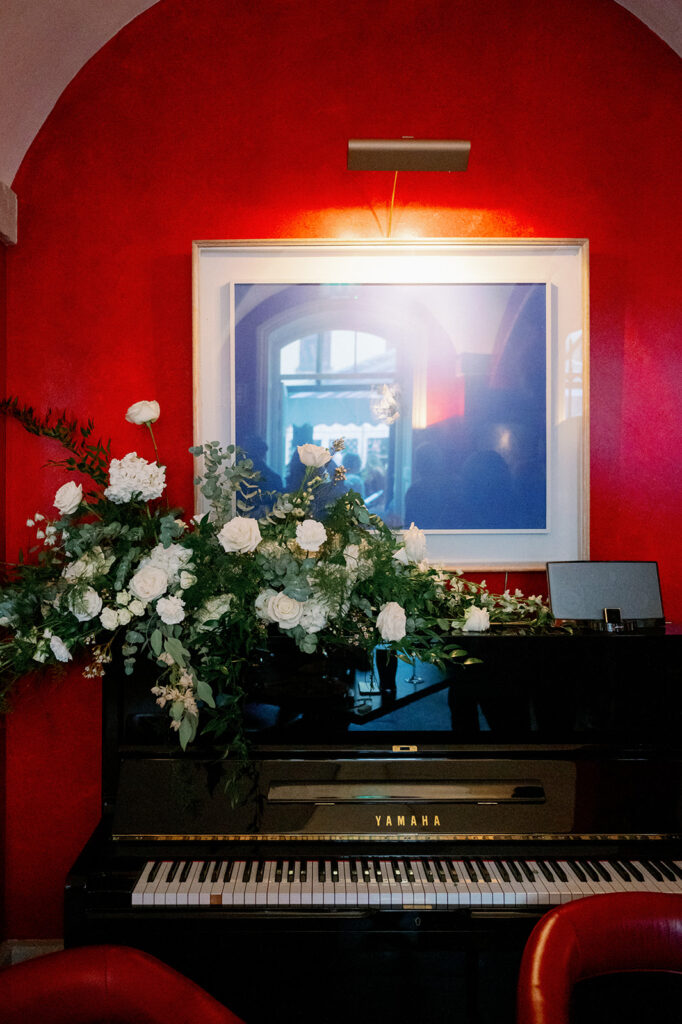 Piano and floral arrangement at Ballyfin Demesne.