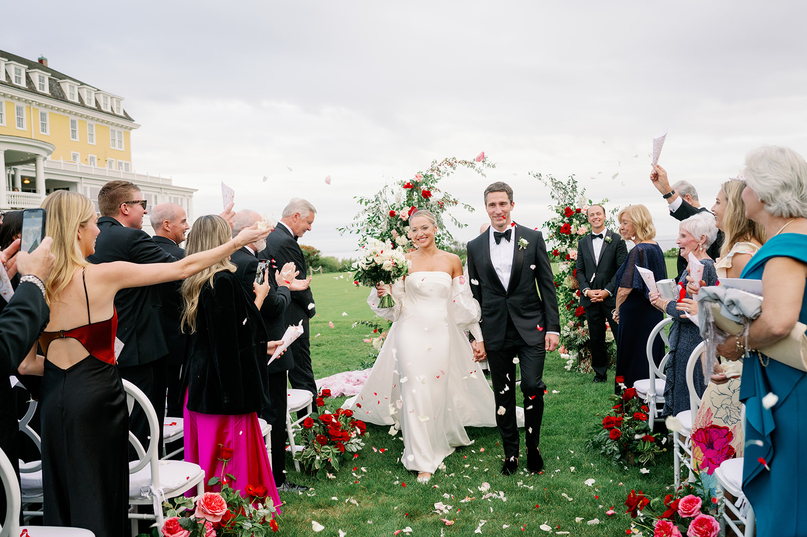 Bride and groom recessional and petal toss at Ocean House in Rhode Island. 