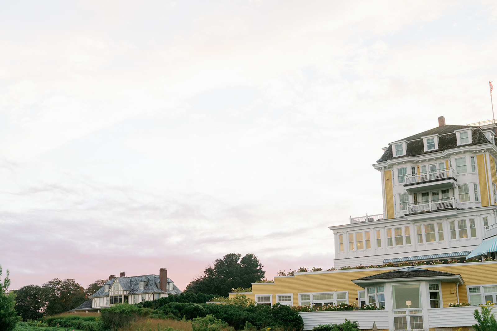 The beautiful Ocean House hotel in Rhode Island at sunset. 