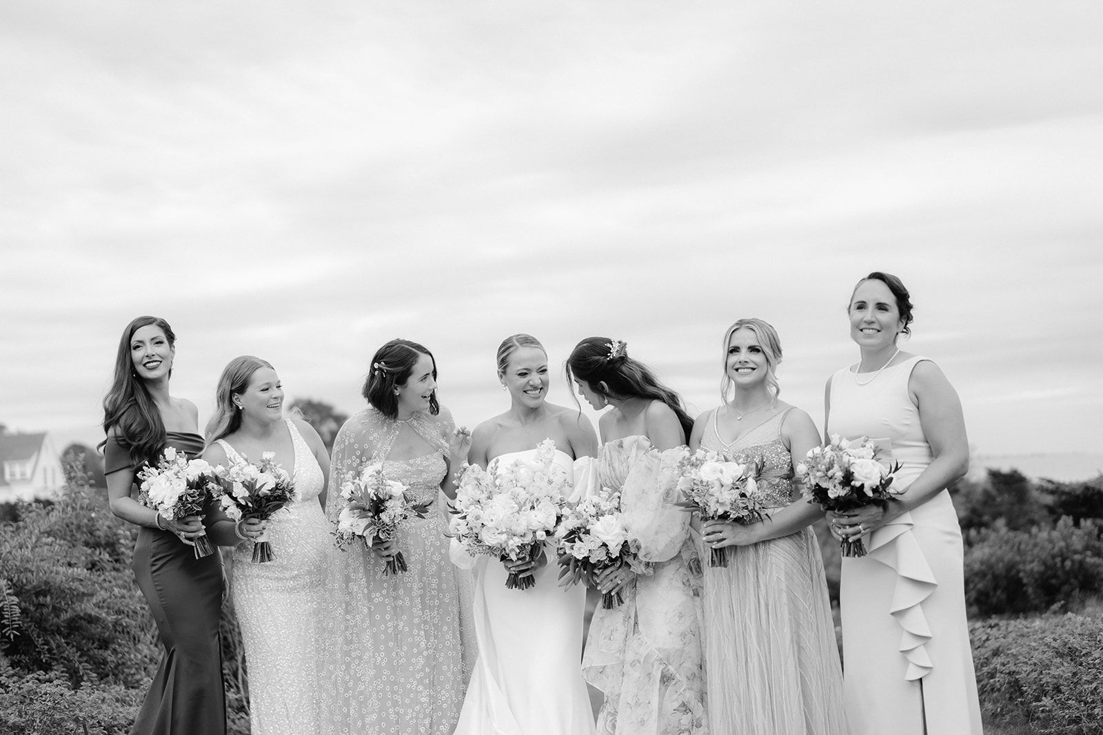 Black and white candid bridal party portrait in Rhode Island. 