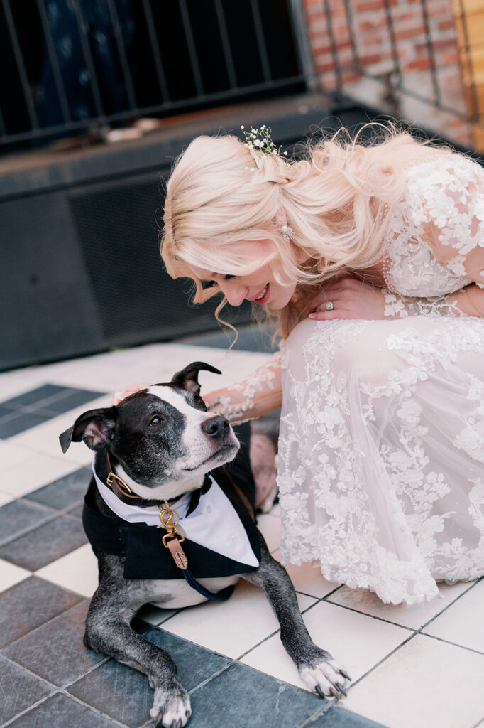 Katherine Marchand Photography Tips to Include Your Pet in your Wedding bride petting her dog