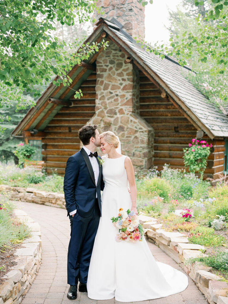 Bride and groom portrait at Trail Creek Cabin in Sun Valley, Idaho.