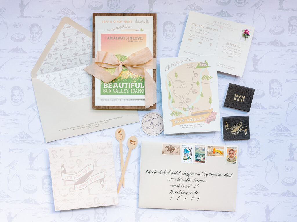 Wedding detail flat lay and invitation suite for a mountain wedding in Sun Valley, Idaho.