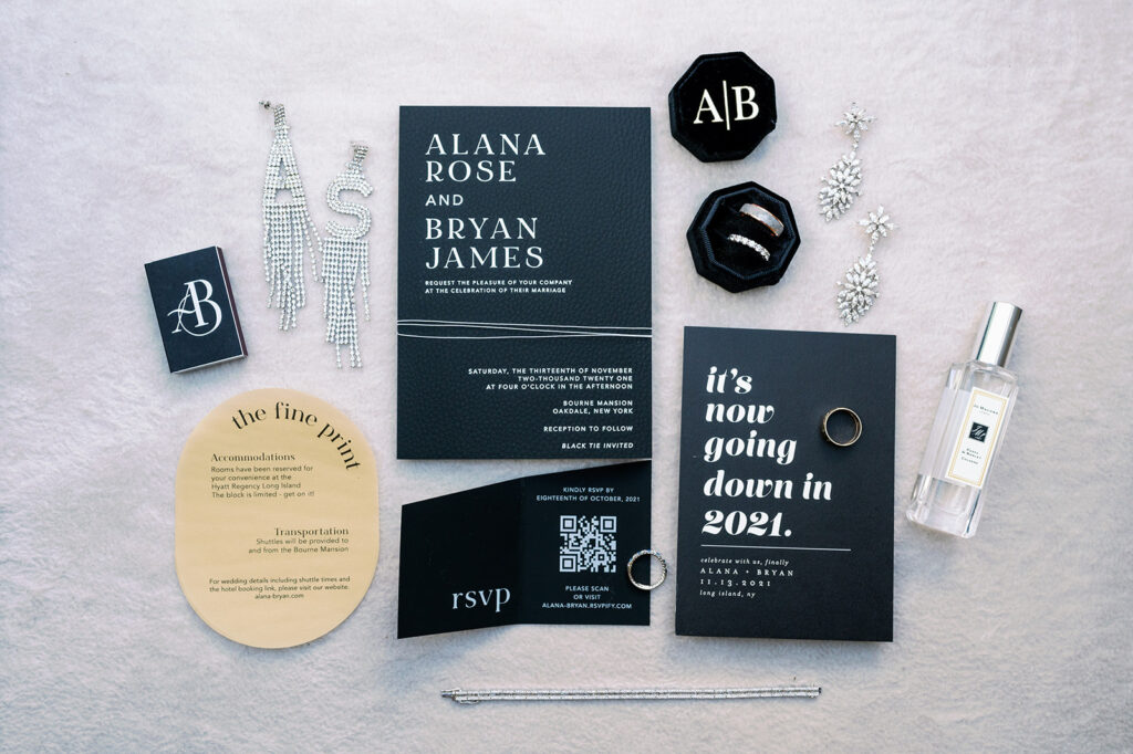 Sophisticated glam wedding detail flat lay.