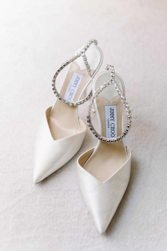 White Jimmy Choo bridal shoes.