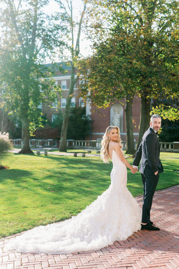Fall wedding bride and groom portrait at the Bourne Mansion.
