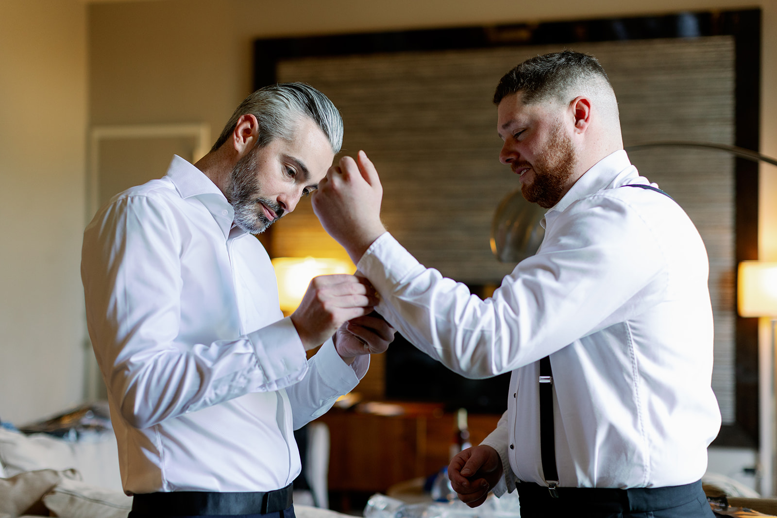 Groom and groomsmen getting ready at Hyatt Regency Hotel.