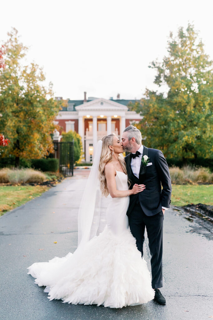 Fall wedding at Bourne Mansion bride and groom portraits.
