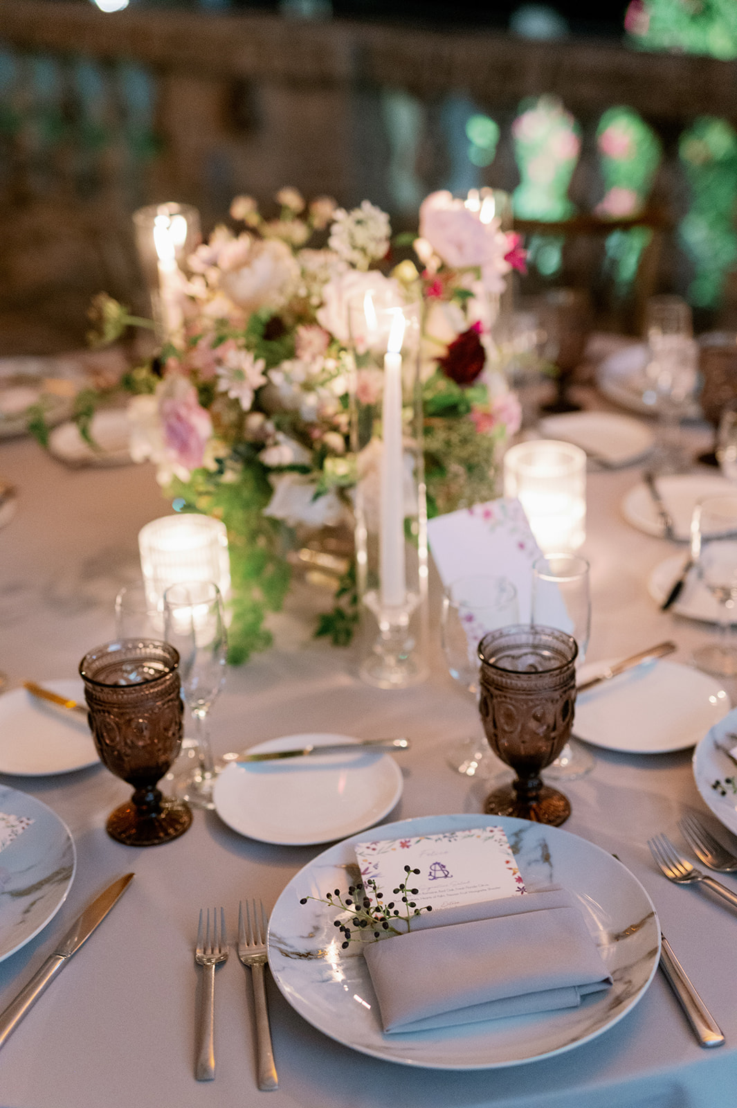 Ethereal candlelit wedding reception dinner at Vizcaya Museum and Gardens.
