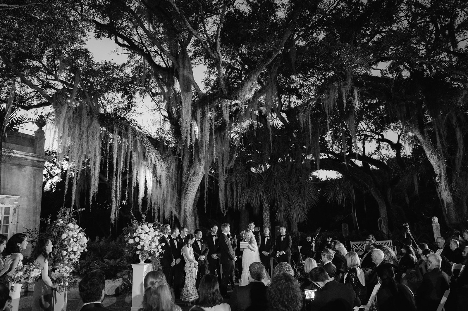 Nighttime wedding ceremony at Vizcaya Museum and Gardens.