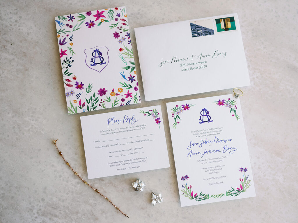 Wedding stationery suite flat lay with watercolor floral design.