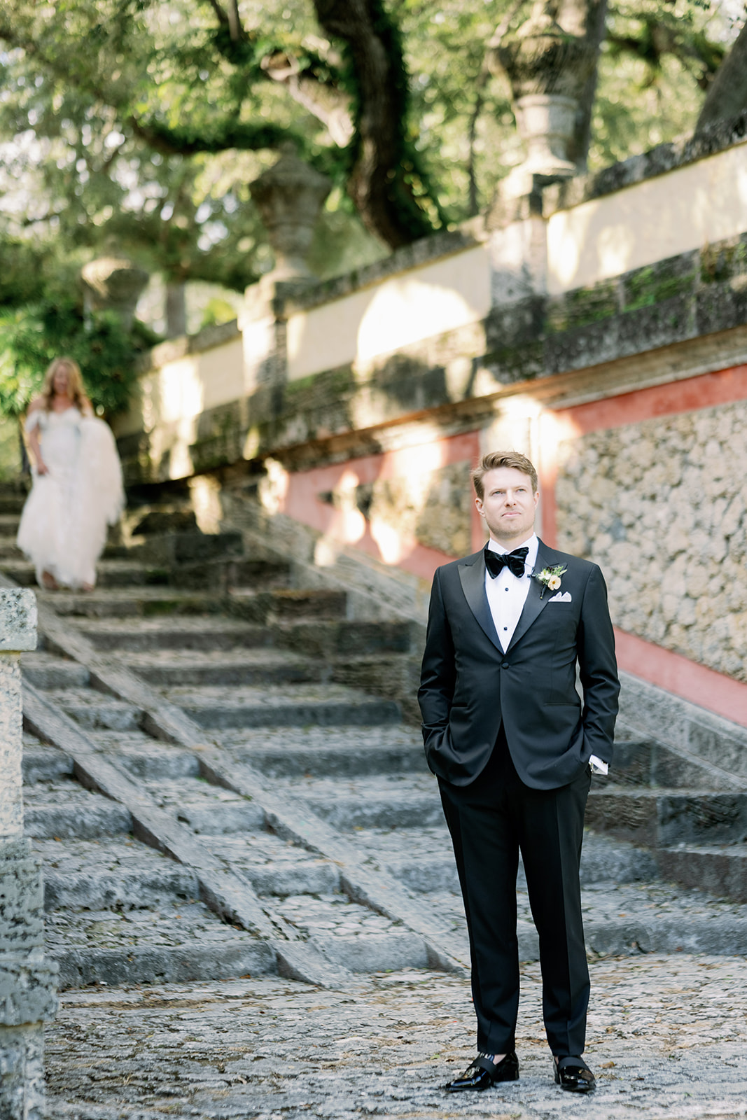 Bride and groom first look at Vizcaya Museum & Gardens.