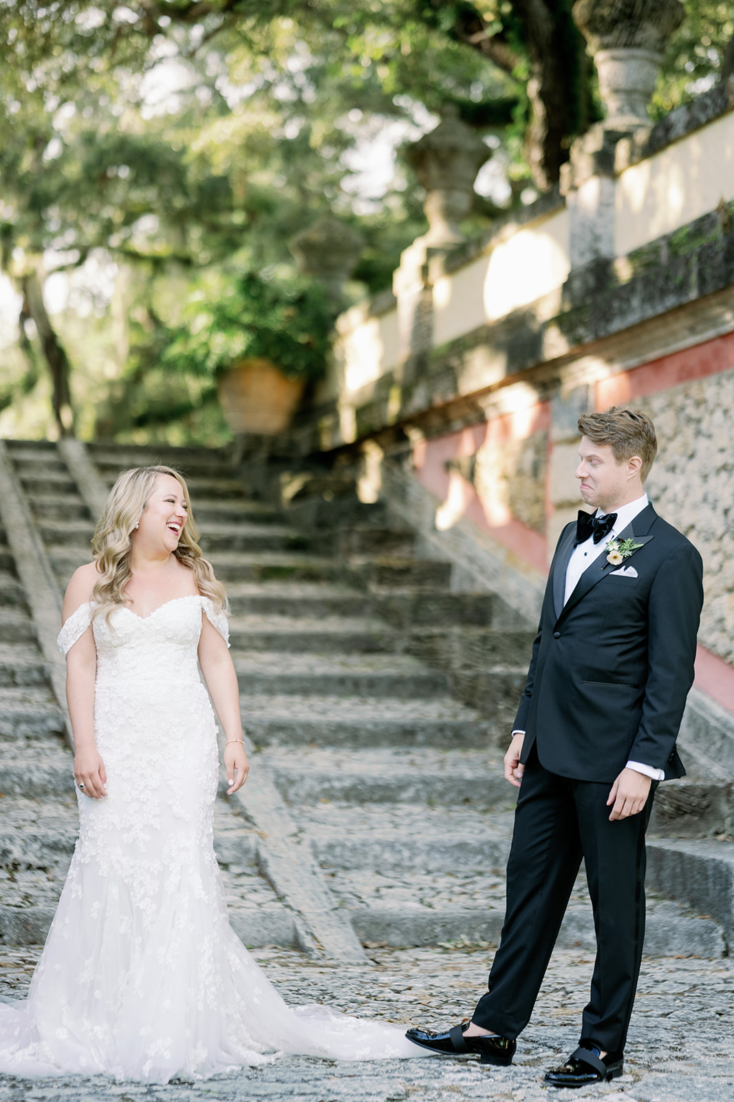 Bride and groom first look at Vizcaya Museum & Gardens.