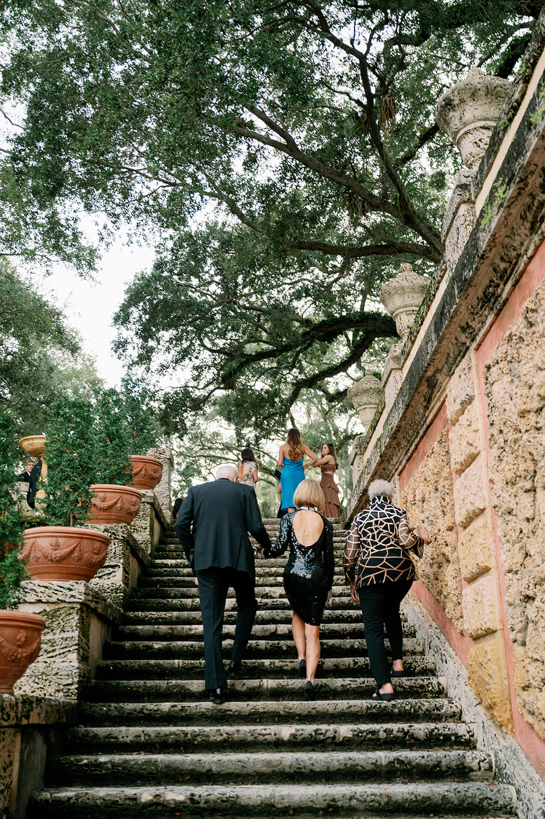 Wedding guests walking up the stone stairs at Vizcaya gardens.