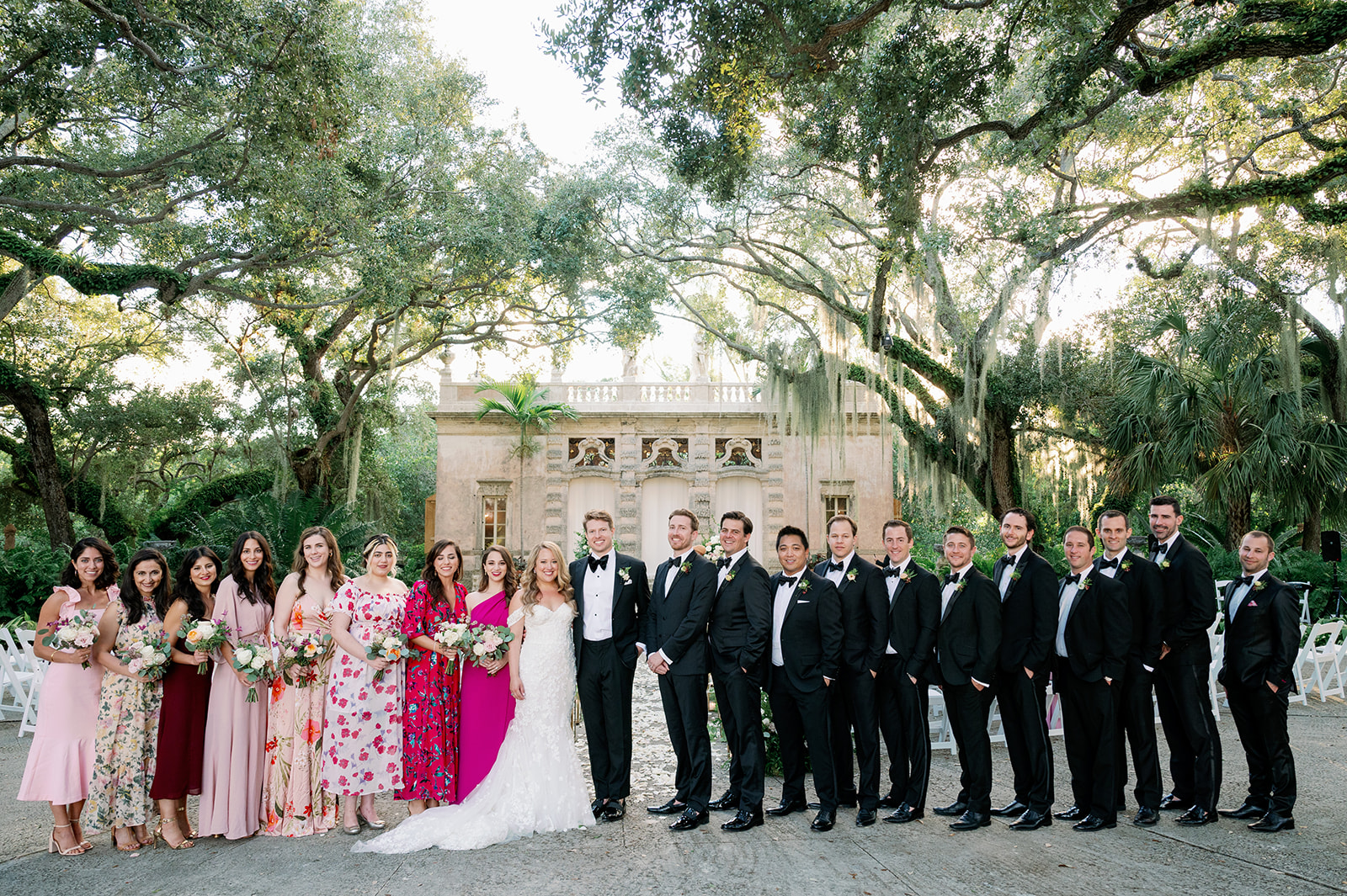 Vizcaya Museum and gardens pink and black wedding party.