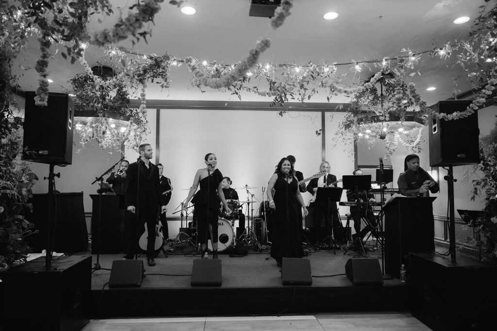 Wedding band playing in a ballroom.