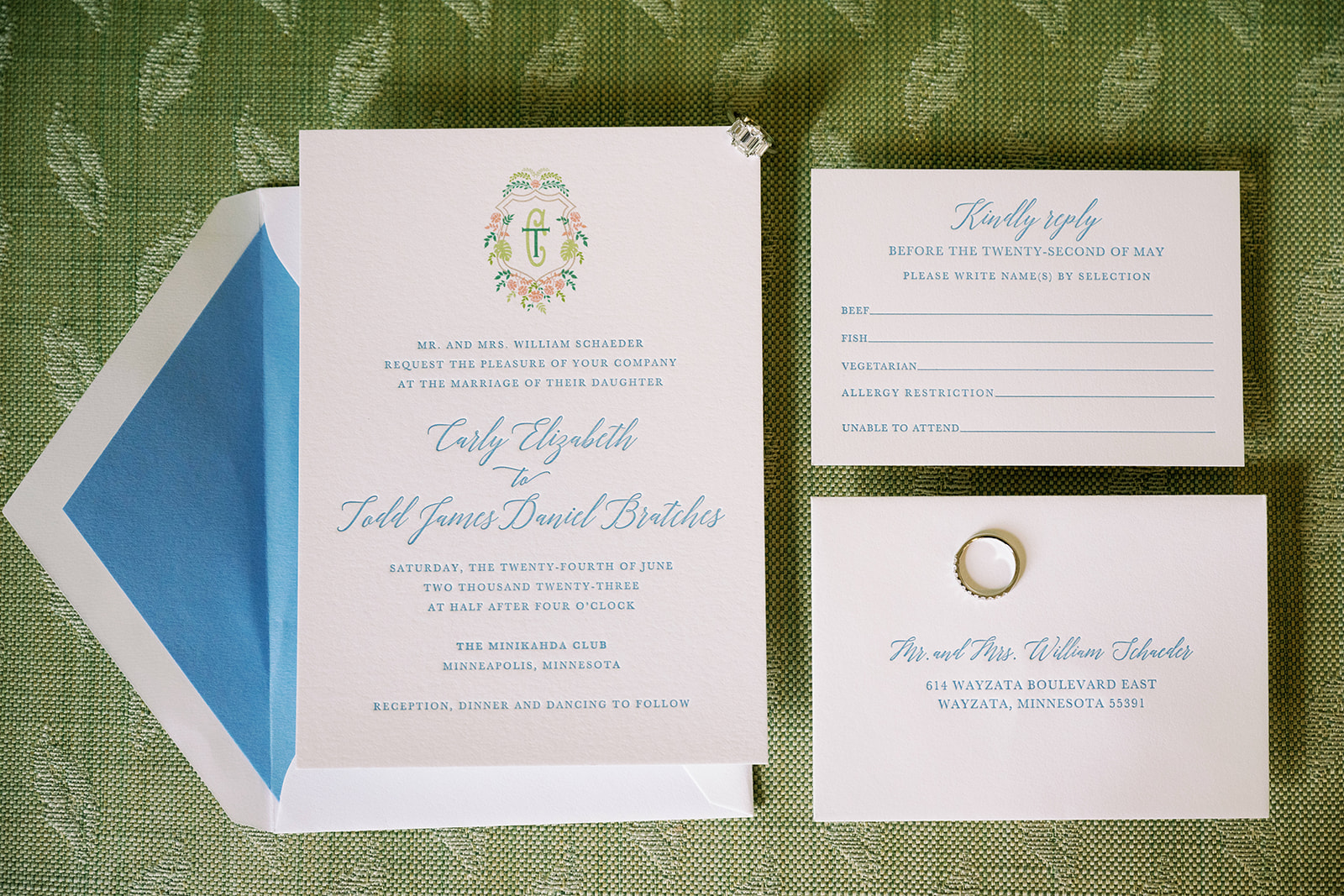 Carly and Todd's invitation suite for their wedding at Minikahda Club in Minneapolis.