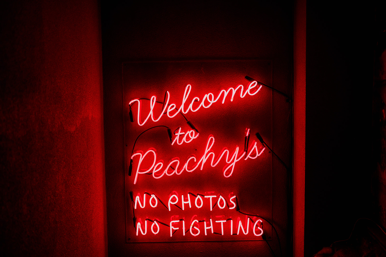 "Welcome to Peachy's no photos, no fighting" neon sign.