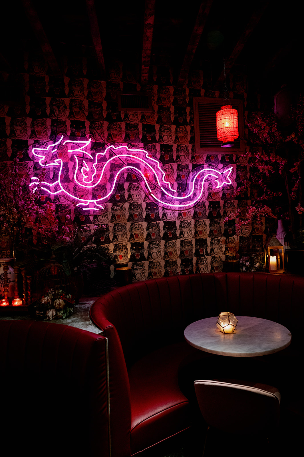 Purple neon dragon at Peachy's bar.  