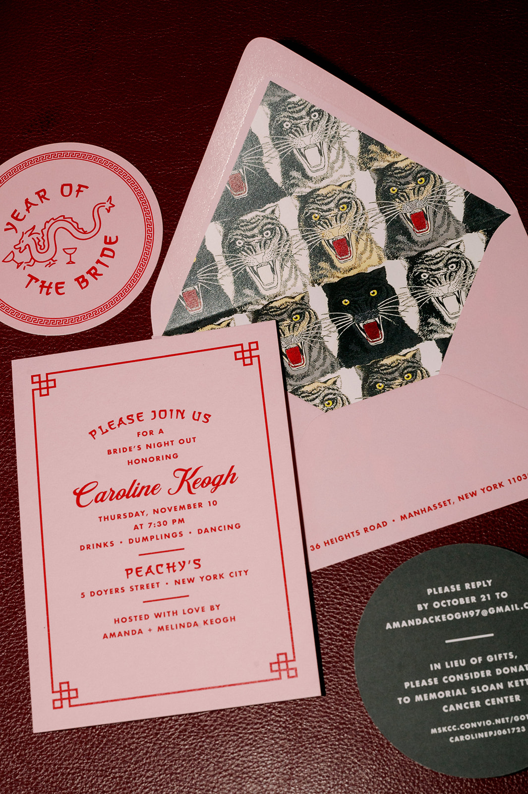 Pink and red invitations to a Thursday night bridal shower at Peachy's bar in Chinatown for Caroline Keogh.