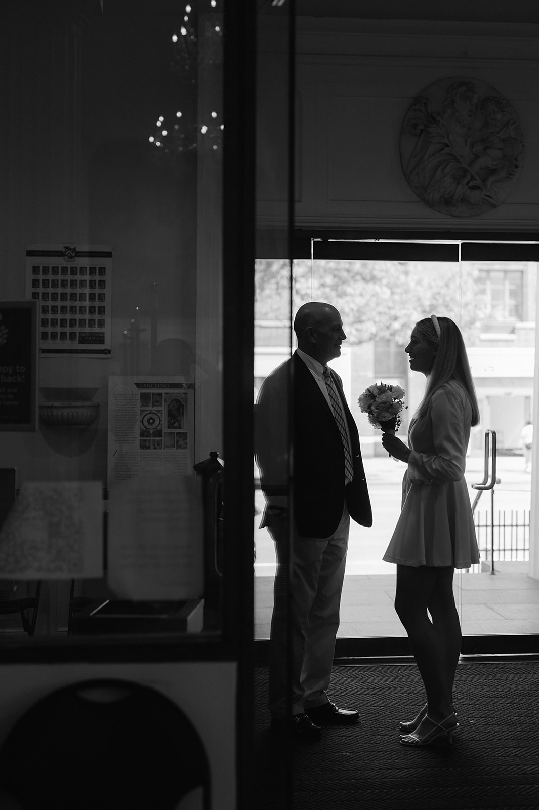 Emotional moment before the ceremony at St. Joseph's Church, Greenwich Village. A candid black and white capture of a bride and her dad in heartfelt conversation