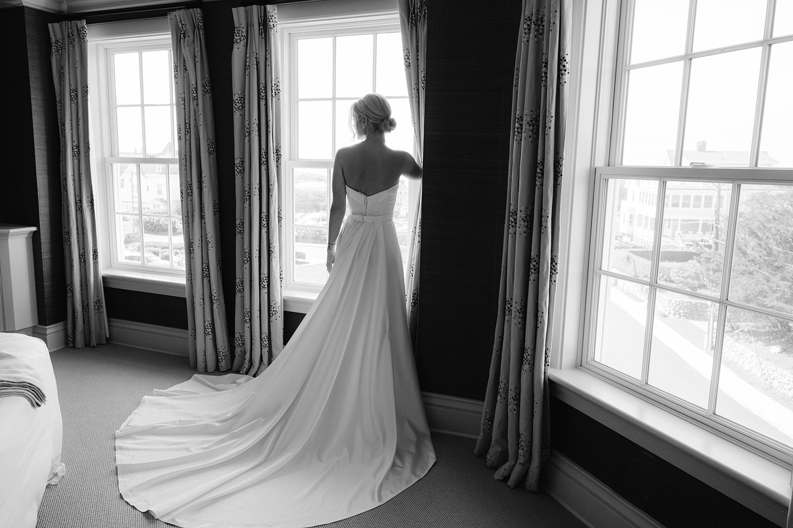 Black and white editorial bridal portrait at Ocean House. 