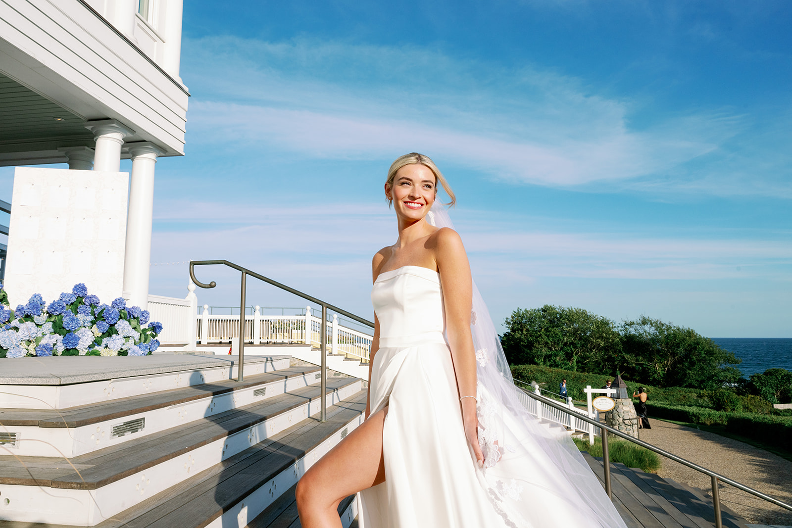 Bridal portrait on the steps of Ocean House in Rhode Island.