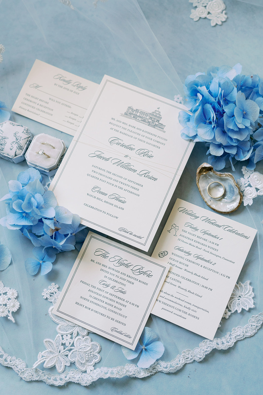 Elegant coastal chic Ocean House wedding invitation flat lay. 