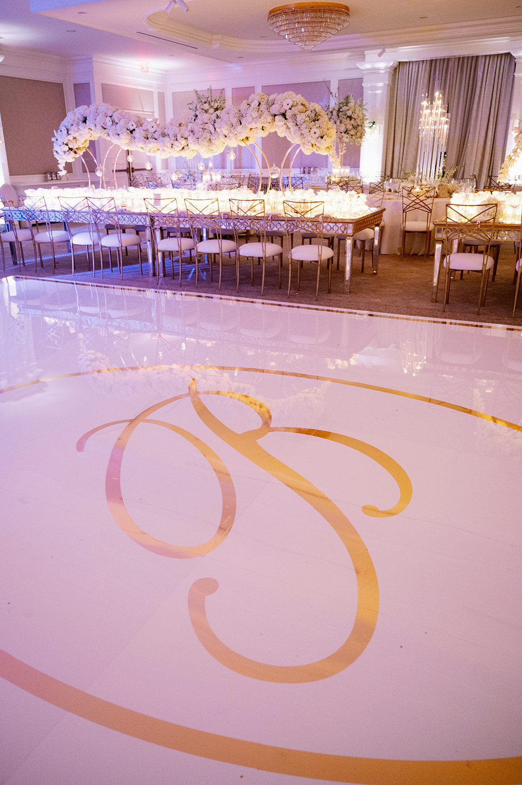 Pine Hollow Country Club wedding reception with custom gold monogram dance floor. 