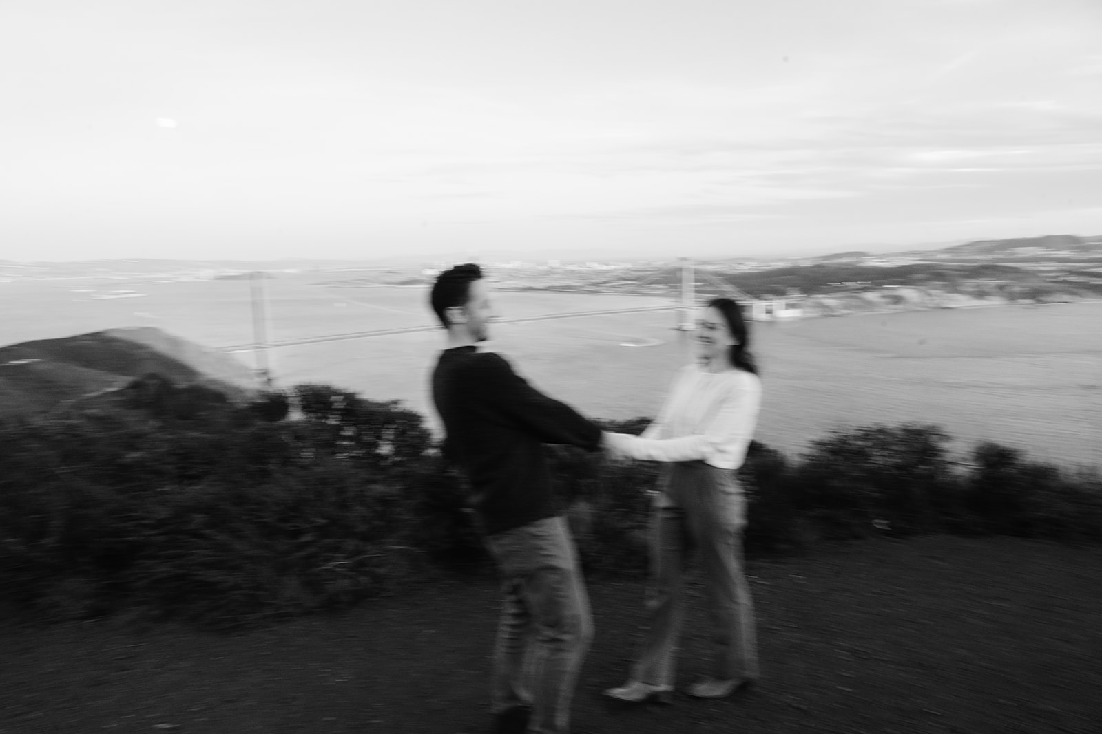 Cinematic motion blur engagement photo at Marin Headlands in San Francisco. 