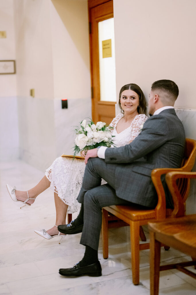 Couple waiting for their elopement ceremony at San Francisco City Hall. 