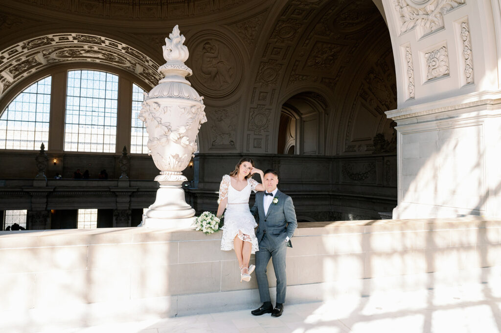 Bride and groom portrait at North Light Court at SF City Hall. 
