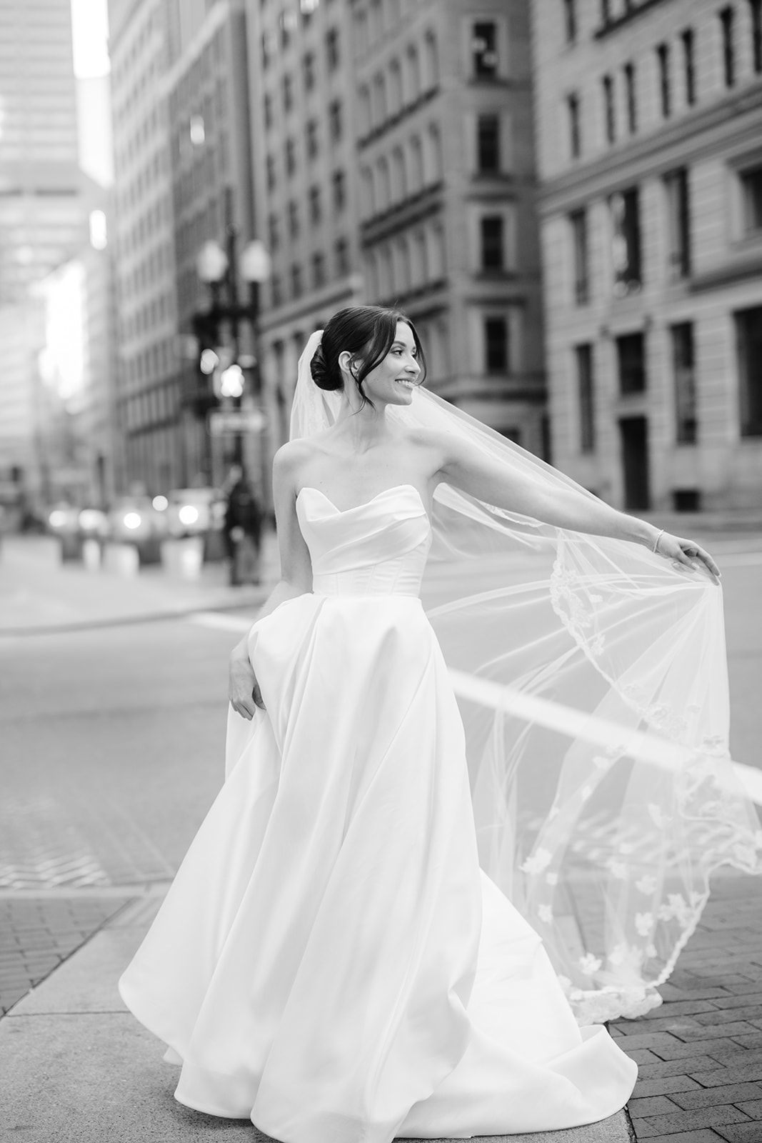 Editorial bridal portrait outside the Boston State House. 