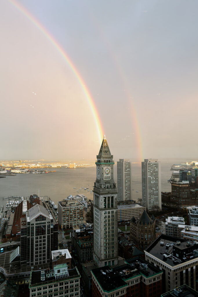 Double rainbow over Boston view from the State Room: A Longwood Venue. 