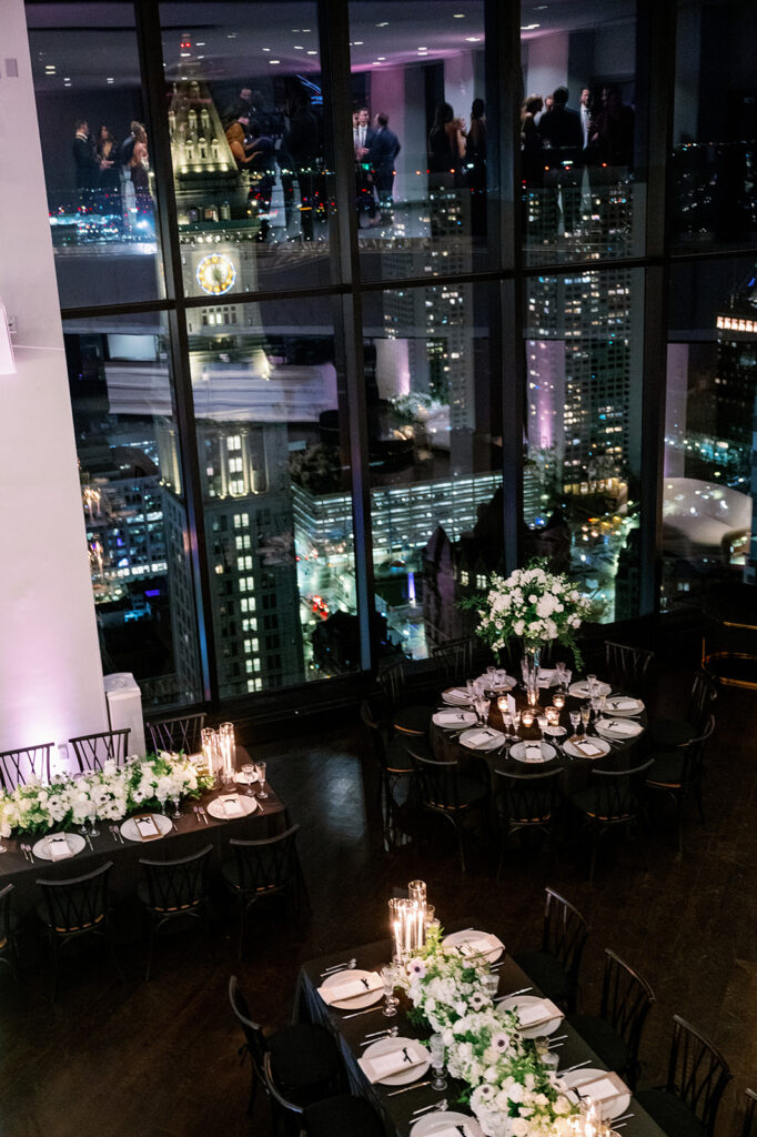 Boston State Room wedding reception with nighttime views of the city.