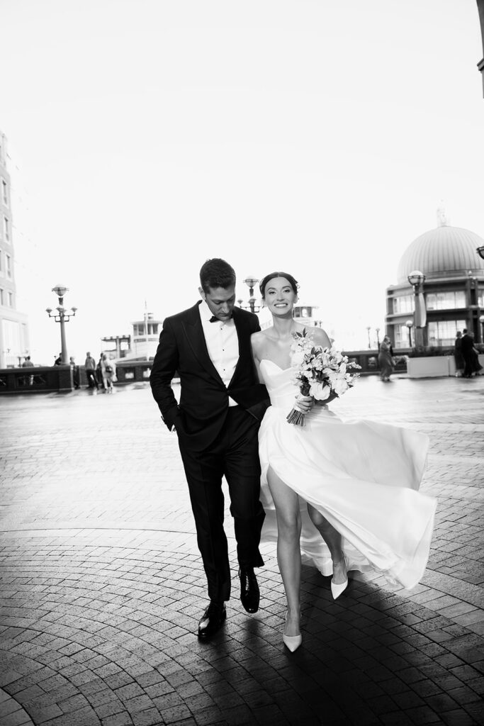 Bride and groom motion blur walking shot. 