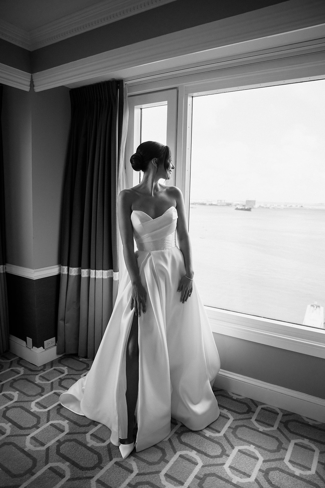 Black and white editorial hotel bridal portrait. 