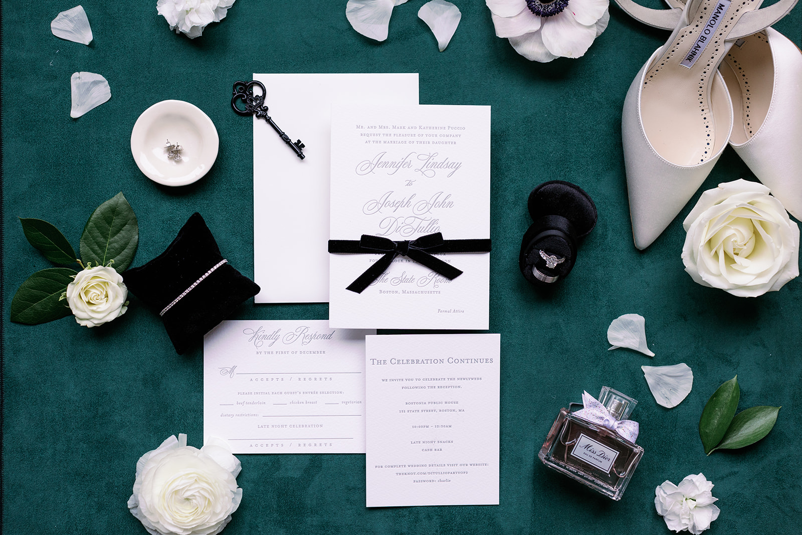 Elegant wedding detail flat lay for a Boston wedding at the State Room. 
