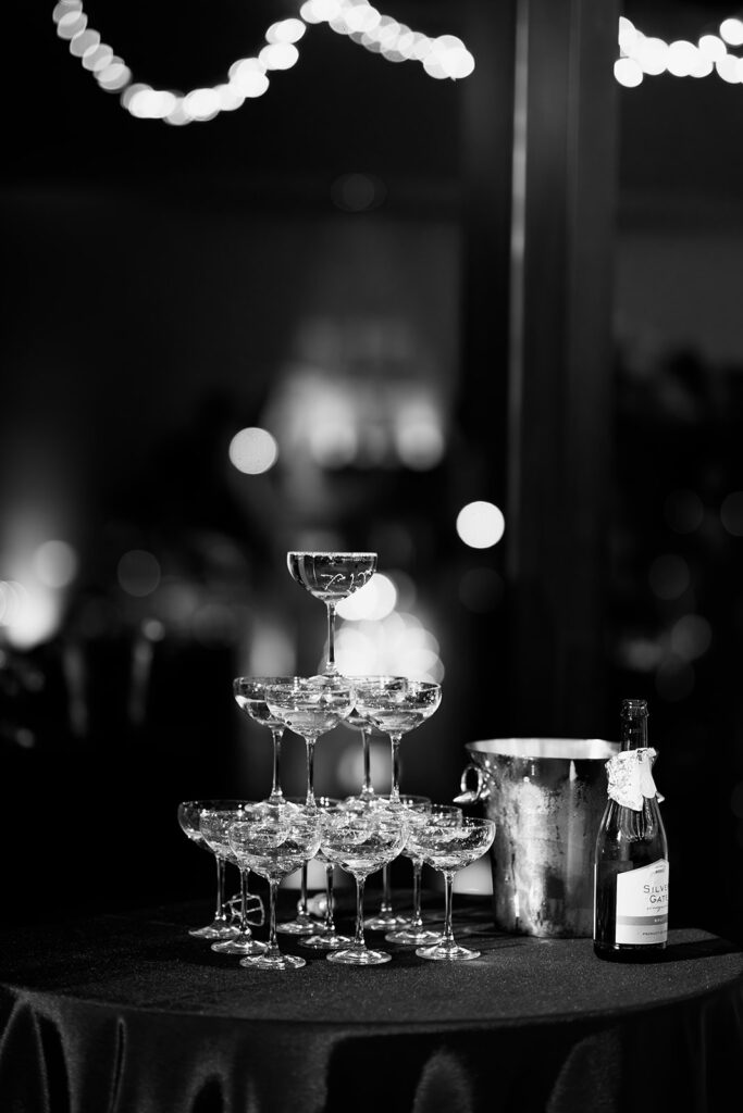 Black and white champagne tower detail shot.