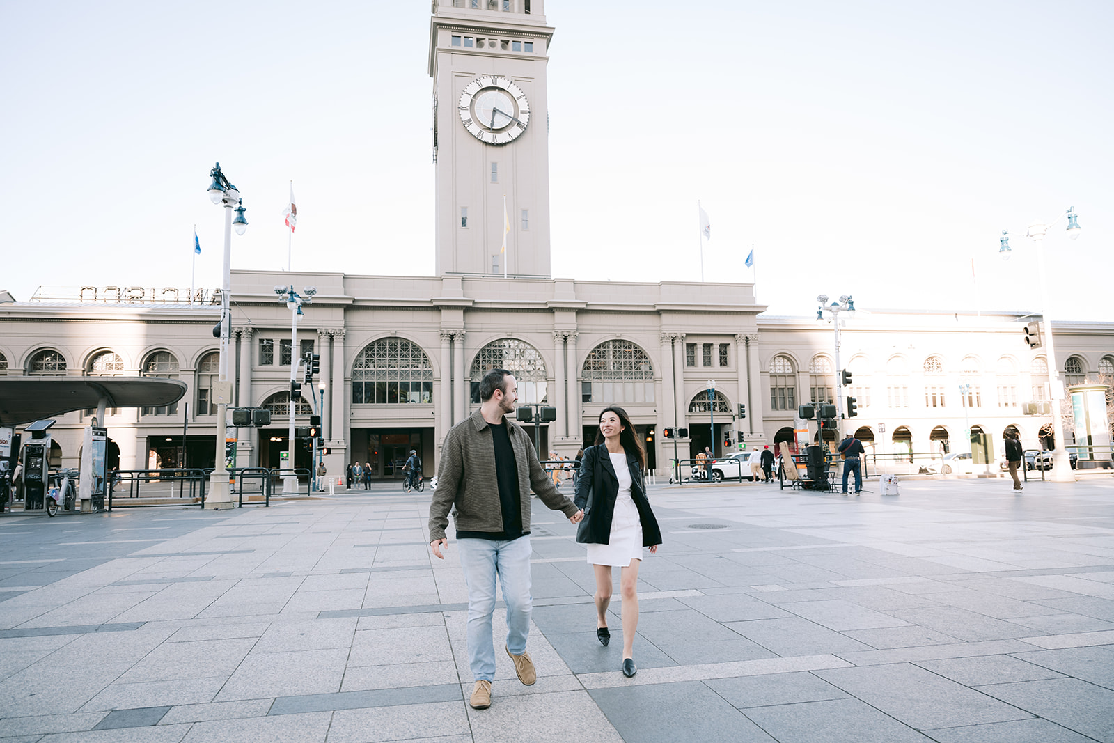 Candid ferry building engagement shoot in San Francisco, Bay Area. 