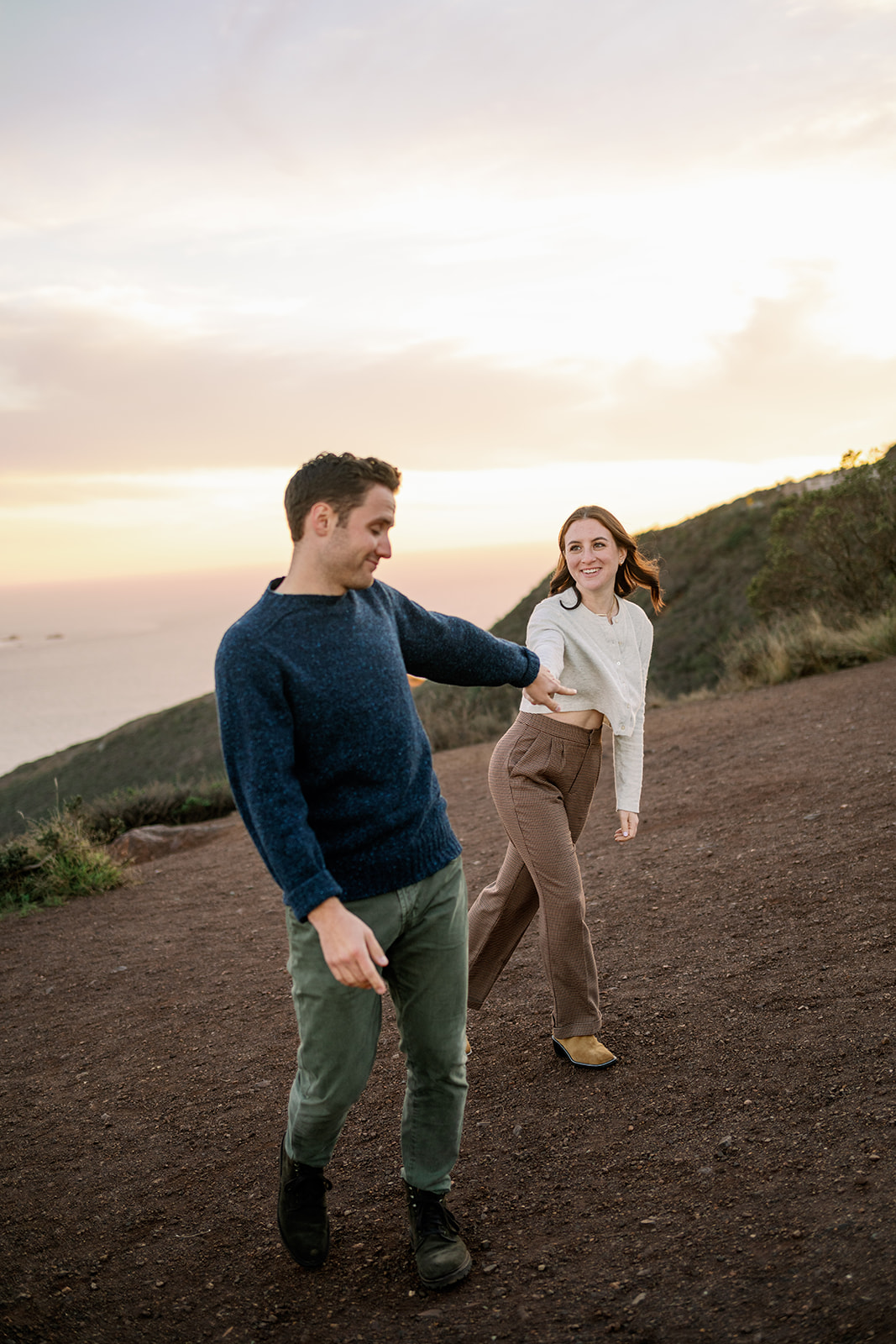 Candid San Francisco sunset engagement photoshoot at Marin Headlands.