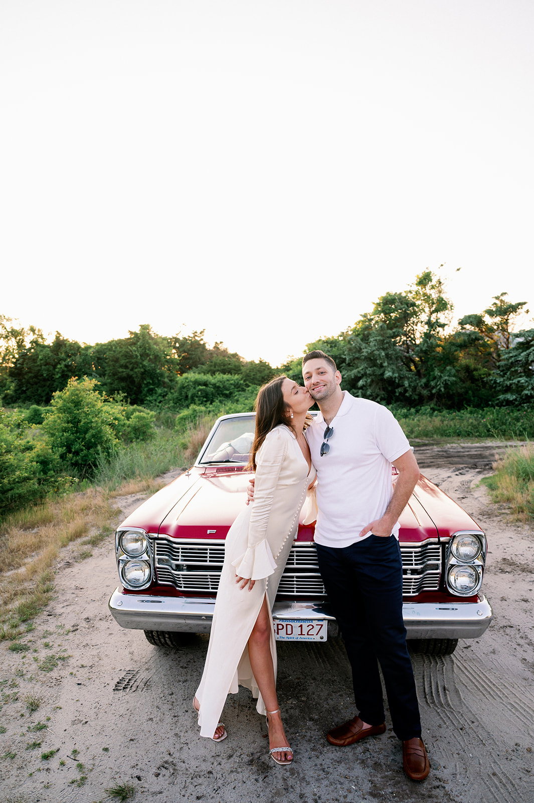 Red vintage car alternative engagement session in San Francisco, Bay Area. 